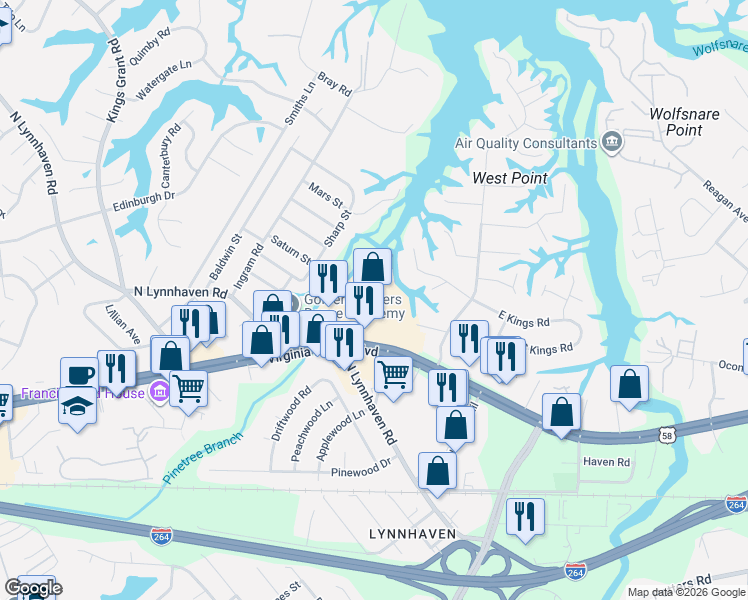 map of restaurants, bars, coffee shops, grocery stores, and more near 2858 Virginia Beach Boulevard in Virginia Beach
