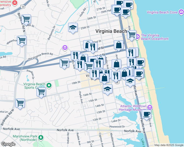 map of restaurants, bars, coffee shops, grocery stores, and more near 609 19th Street in Virginia Beach