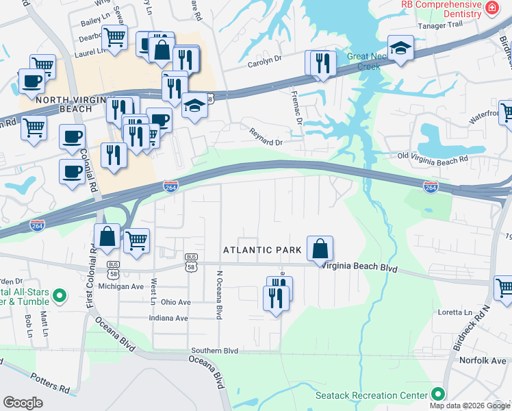 map of restaurants, bars, coffee shops, grocery stores, and more near 445 Garcia Drive in Virginia Beach