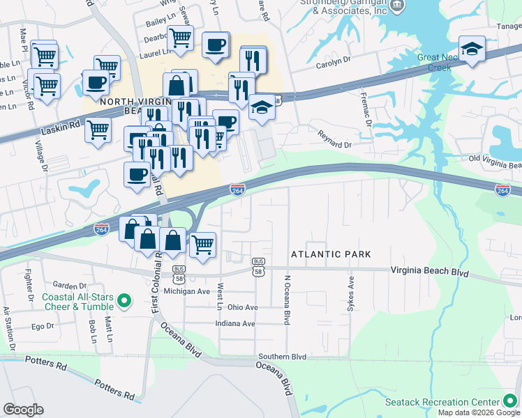 map of restaurants, bars, coffee shops, grocery stores, and more near 485 Hill Meadow Drive in Virginia Beach