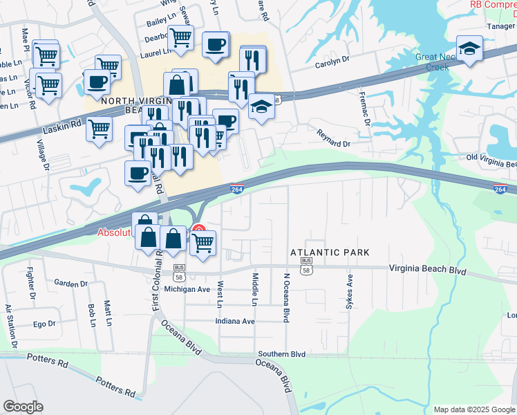 map of restaurants, bars, coffee shops, grocery stores, and more near 485 Hill Meadow Drive in Virginia Beach
