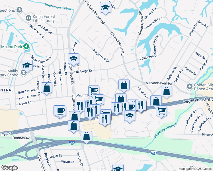 map of restaurants, bars, coffee shops, grocery stores, and more near 412 Philbate Terrace in Virginia Beach