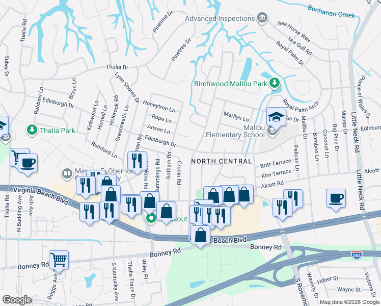 map of restaurants, bars, coffee shops, grocery stores, and more near 3800 Edinburgh Drive in Virginia Beach
