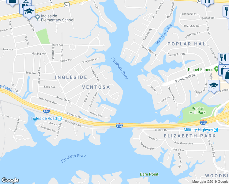 map of restaurants, bars, coffee shops, grocery stores, and more near 3828 Easton Avenue in Norfolk