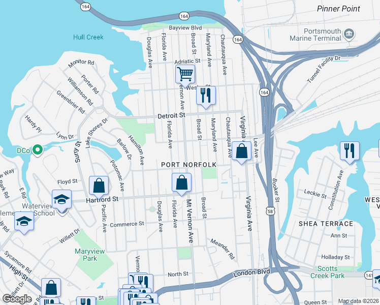 map of restaurants, bars, coffee shops, grocery stores, and more near 515 Mount Vernon Avenue in Portsmouth