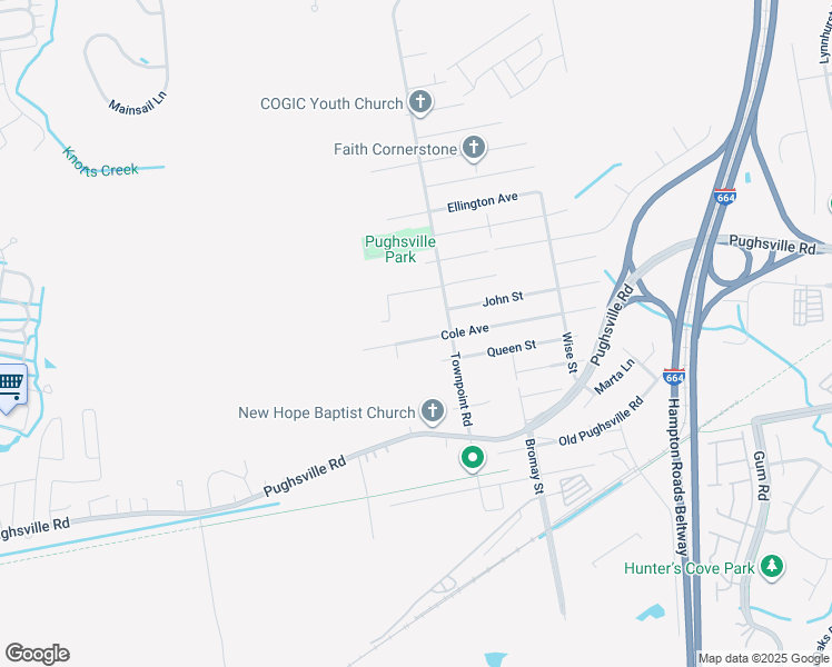map of restaurants, bars, coffee shops, grocery stores, and more near 4390 Cole Avenue in Suffolk