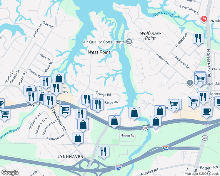 map of restaurants, bars, coffee shops, grocery stores, and more near 2613 Boush Quarter in Virginia Beach