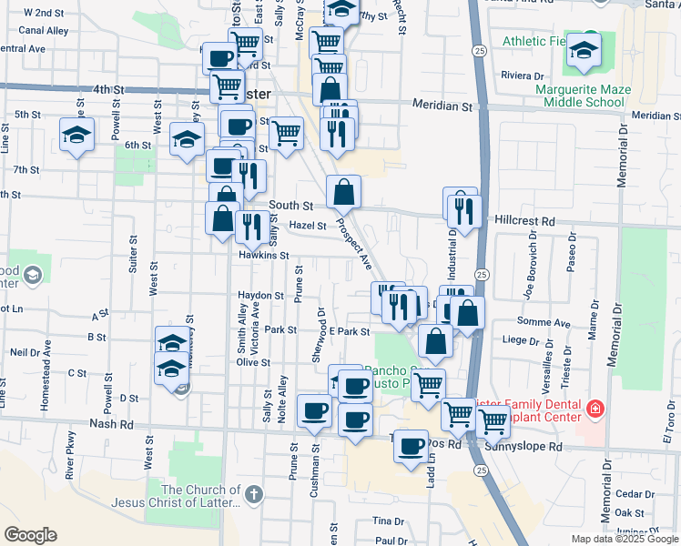 map of restaurants, bars, coffee shops, grocery stores, and more near 25 Hawkins Street in Hollister