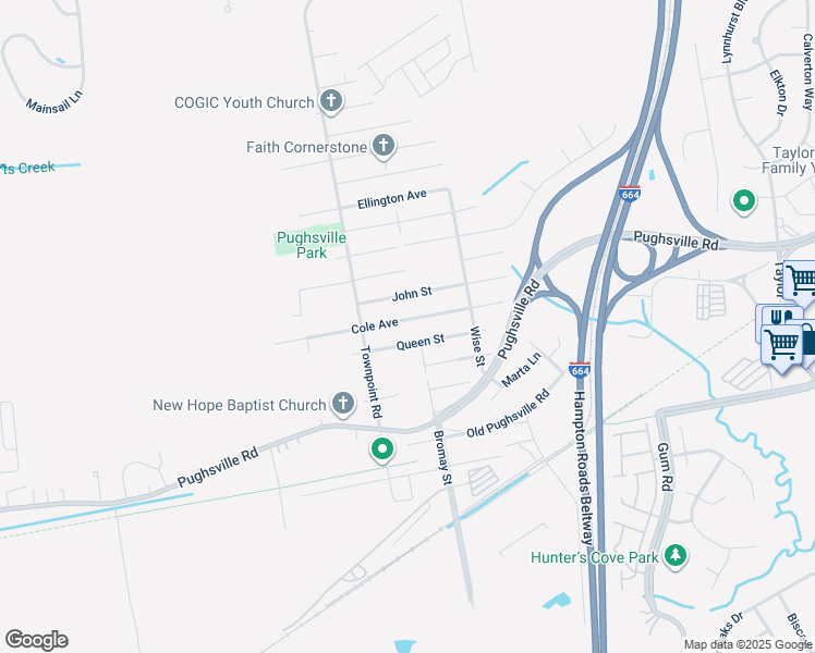 map of restaurants, bars, coffee shops, grocery stores, and more near 4435 Cole Avenue in Suffolk