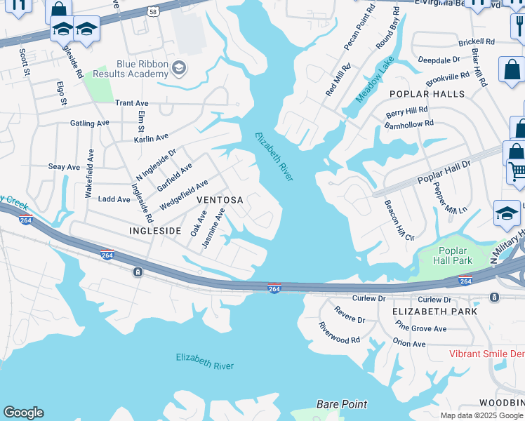 map of restaurants, bars, coffee shops, grocery stores, and more near 3828 Easton Avenue in Norfolk