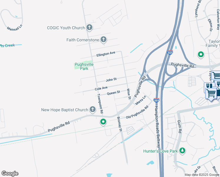 map of restaurants, bars, coffee shops, grocery stores, and more near 4435 Cole Avenue in Suffolk