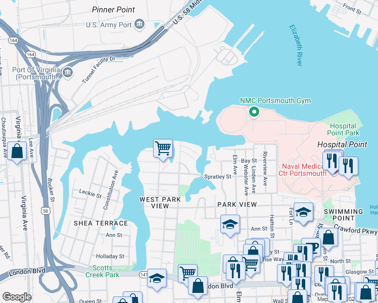 map of restaurants, bars, coffee shops, grocery stores, and more near 1516 Mathews Terrace in Portsmouth