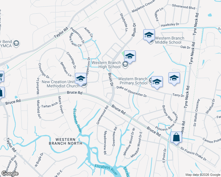 map of restaurants, bars, coffee shops, grocery stores, and more near 2941 Radcliffe Lane North in Chesapeake