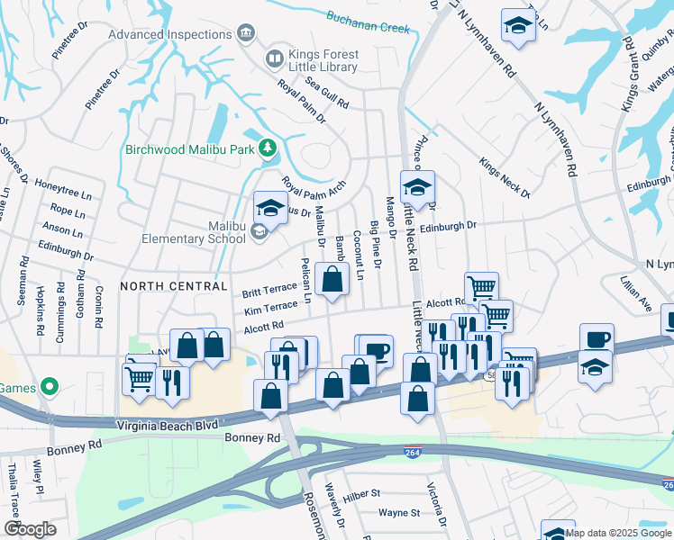 map of restaurants, bars, coffee shops, grocery stores, and more near 433 Bamboo Lane in Virginia Beach
