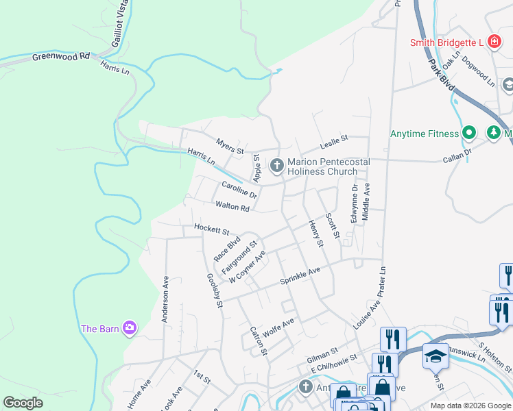 map of restaurants, bars, coffee shops, grocery stores, and more near 108 Poplar St in Marion
