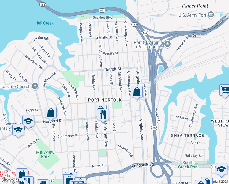 map of restaurants, bars, coffee shops, grocery stores, and more near 527 Broad Street in Portsmouth