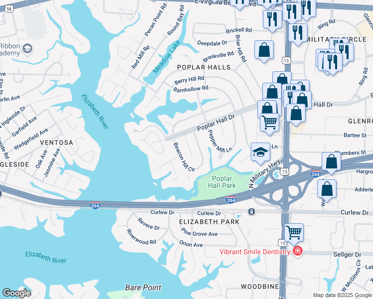 map of restaurants, bars, coffee shops, grocery stores, and more near 417 Saddle Rock Road in Norfolk
