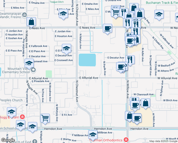 map of restaurants, bars, coffee shops, grocery stores, and more near 2672 East Alluvial Avenue in Fresno