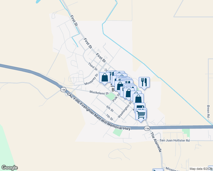 map of restaurants, bars, coffee shops, grocery stores, and more near 2 4th Street in Hollister