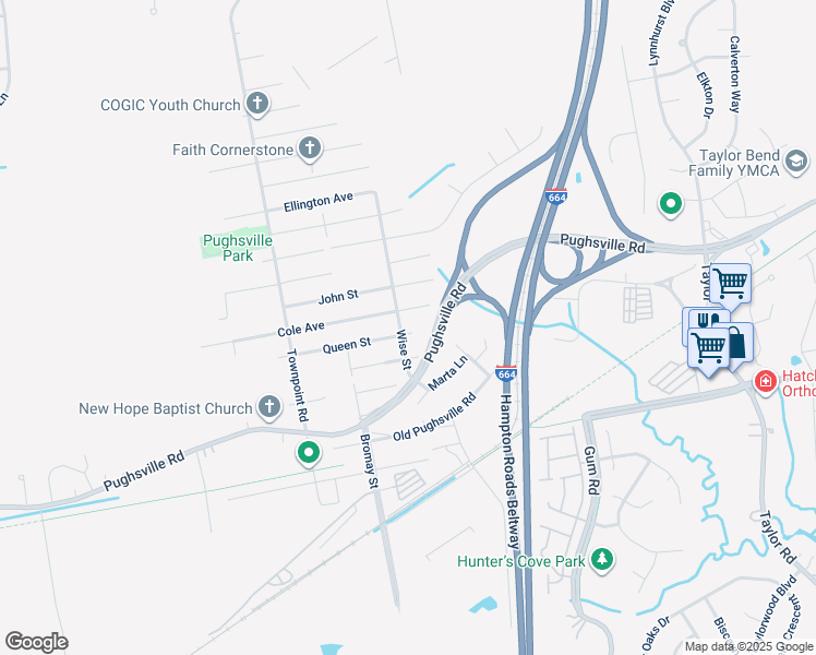 map of restaurants, bars, coffee shops, grocery stores, and more near 5040 Queen Street in Chesapeake