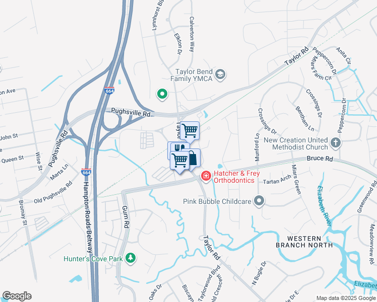map of restaurants, bars, coffee shops, grocery stores, and more near 3325 Taylor Road in Chesapeake