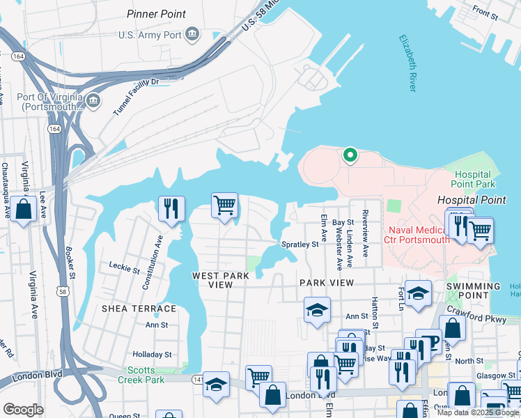 map of restaurants, bars, coffee shops, grocery stores, and more near 1516 Mathews Terrace in Portsmouth