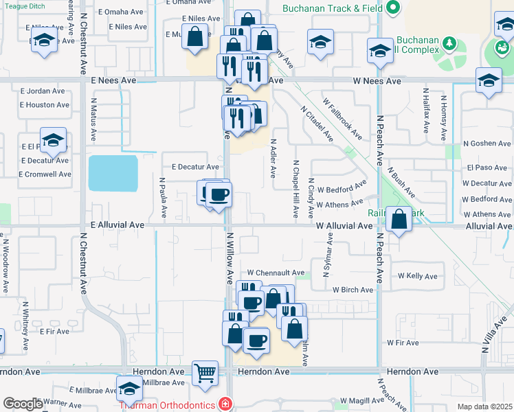map of restaurants, bars, coffee shops, grocery stores, and more near 837-871 North Willow Avenue in Clovis