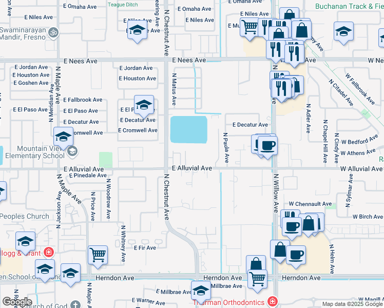 map of restaurants, bars, coffee shops, grocery stores, and more near 2672 East Alluvial Avenue in Fresno