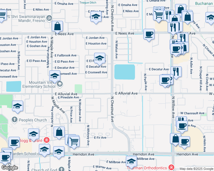 map of restaurants, bars, coffee shops, grocery stores, and more near 7626 North Chestnut Avenue in Clovis