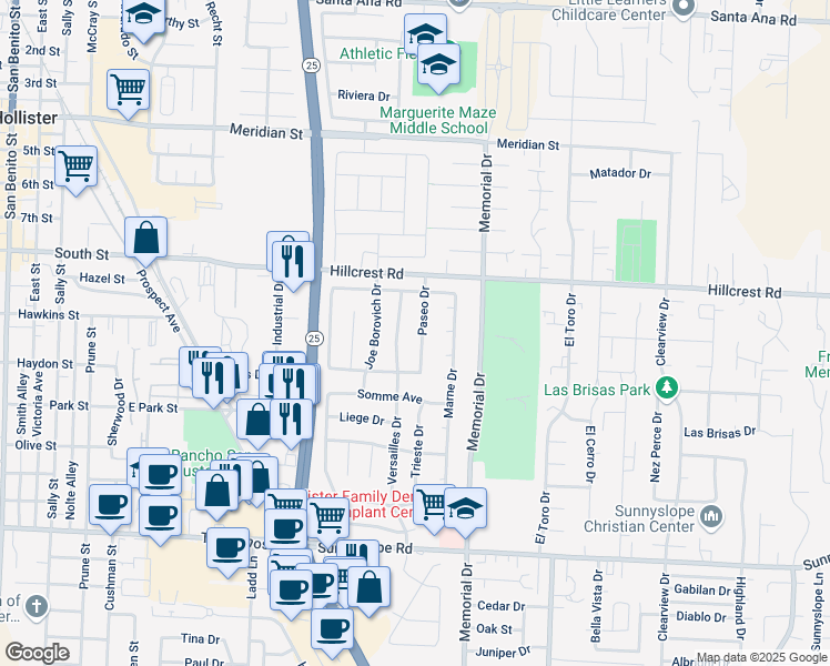 map of restaurants, bars, coffee shops, grocery stores, and more near 881 Paseo Drive in Hollister