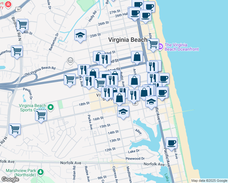 map of restaurants, bars, coffee shops, grocery stores, and more near 516 19th Street in Virginia Beach