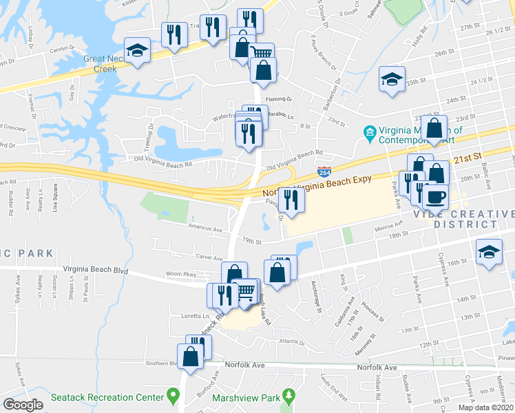 map of restaurants, bars, coffee shops, grocery stores, and more near 400 Eden Roc Circle in Virginia Beach