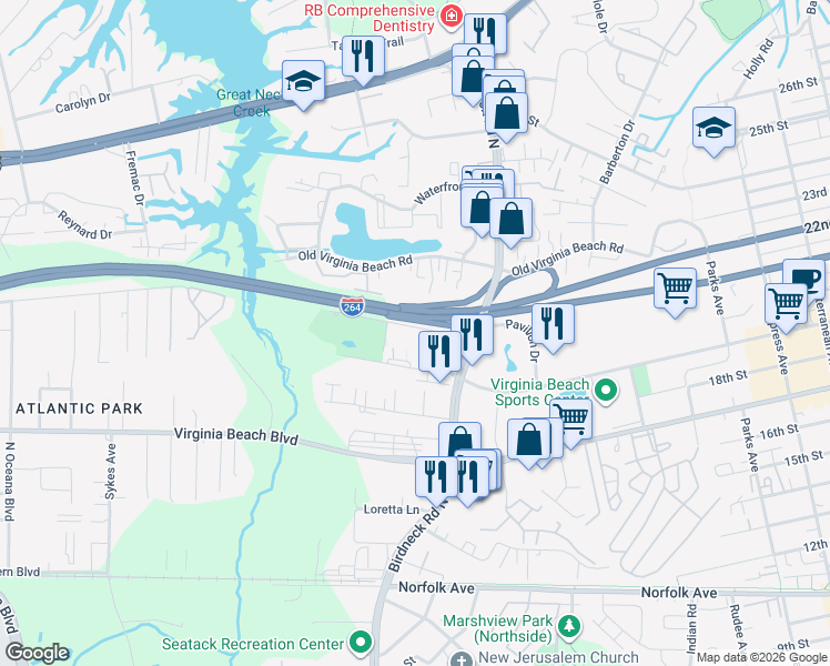 map of restaurants, bars, coffee shops, grocery stores, and more near Integrity Way in Virginia Beach