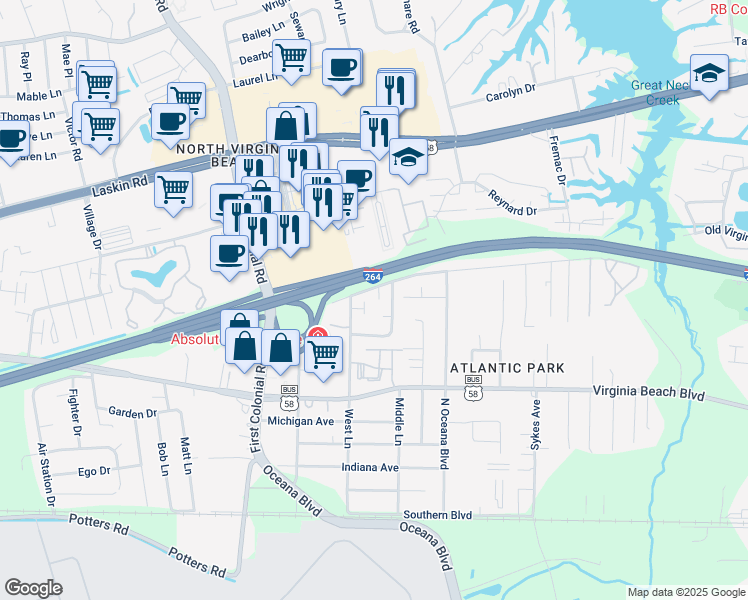 map of restaurants, bars, coffee shops, grocery stores, and more near 485 Hill Meadow Drive in Virginia Beach