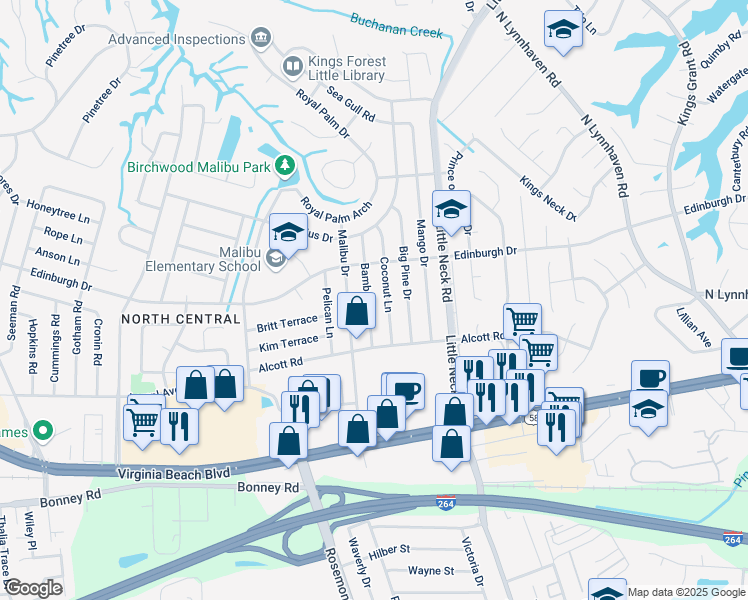 map of restaurants, bars, coffee shops, grocery stores, and more near 433 Bamboo Lane in Virginia Beach