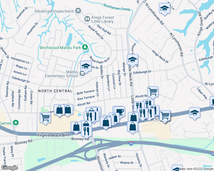 map of restaurants, bars, coffee shops, grocery stores, and more near 433 Bamboo Lane in Virginia Beach