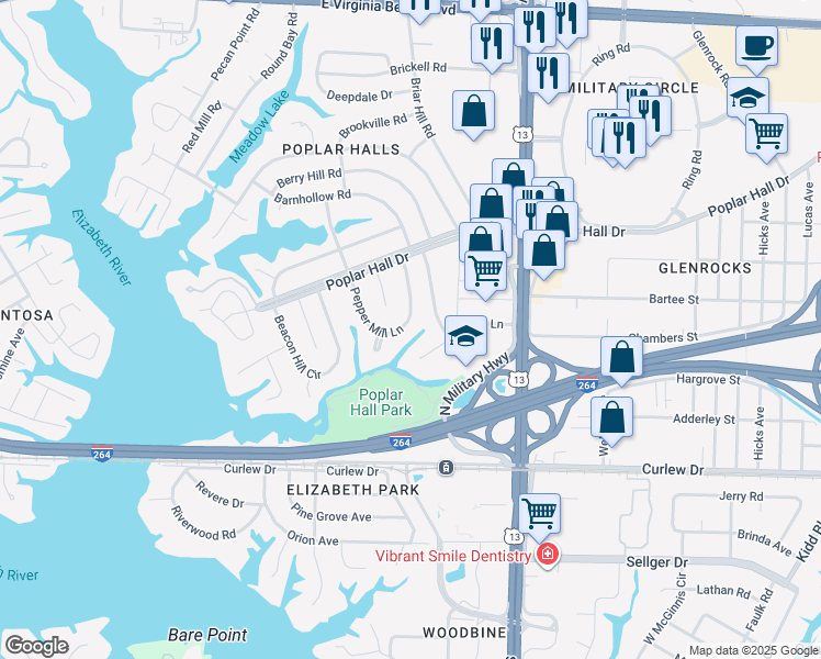 map of restaurants, bars, coffee shops, grocery stores, and more near 442 Pepper Mill Lane in Norfolk
