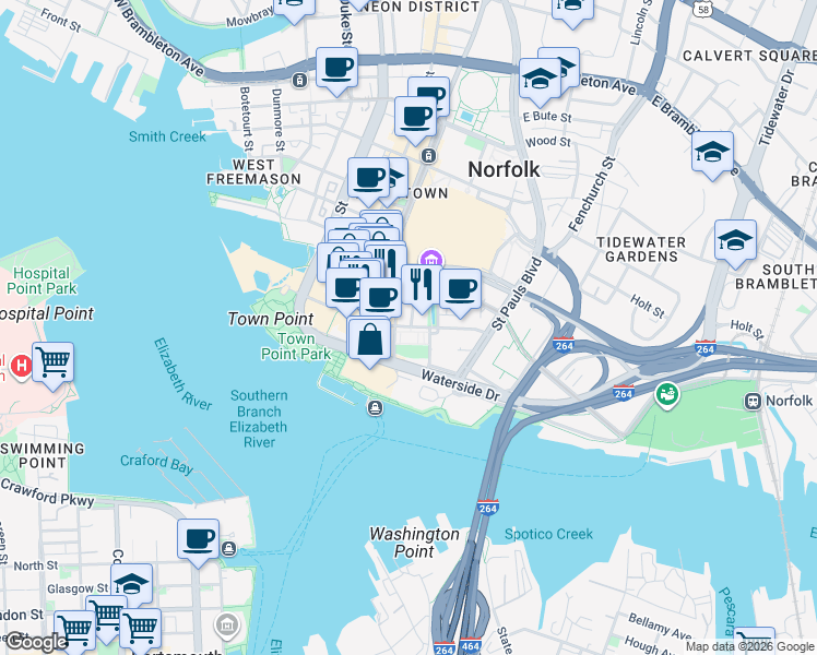 map of restaurants, bars, coffee shops, grocery stores, and more near in Norfolk
