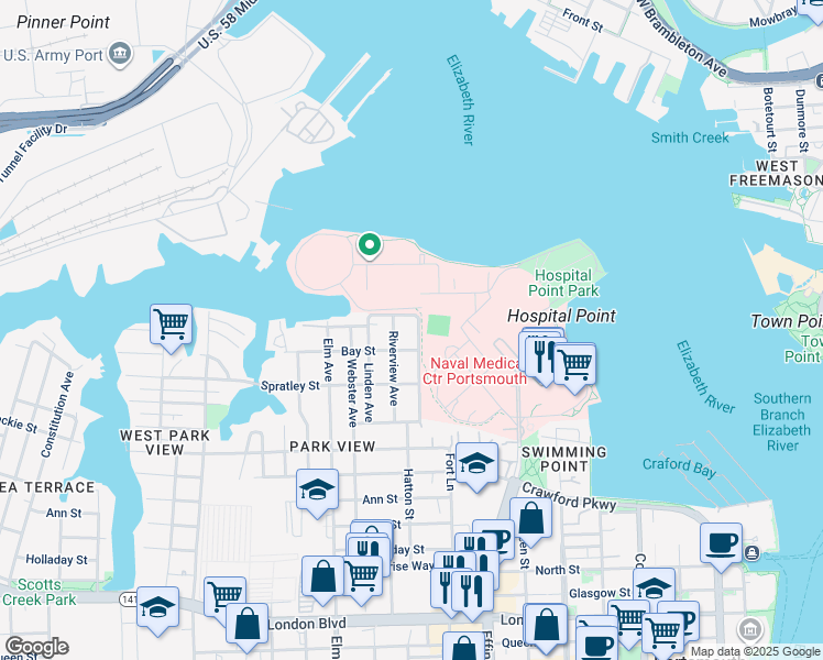map of restaurants, bars, coffee shops, grocery stores, and more near 6 Parkview Avenue in Portsmouth