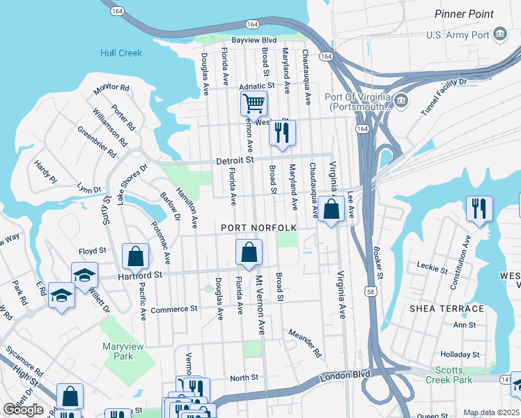 map of restaurants, bars, coffee shops, grocery stores, and more near 513 Mount Vernon Avenue in Portsmouth