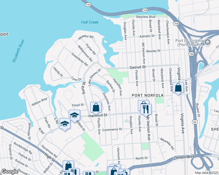 map of restaurants, bars, coffee shops, grocery stores, and more near 500 Barlow Drive in Portsmouth
