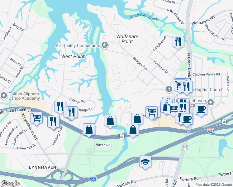 map of restaurants, bars, coffee shops, grocery stores, and more near 391 River Forest Road in Virginia Beach