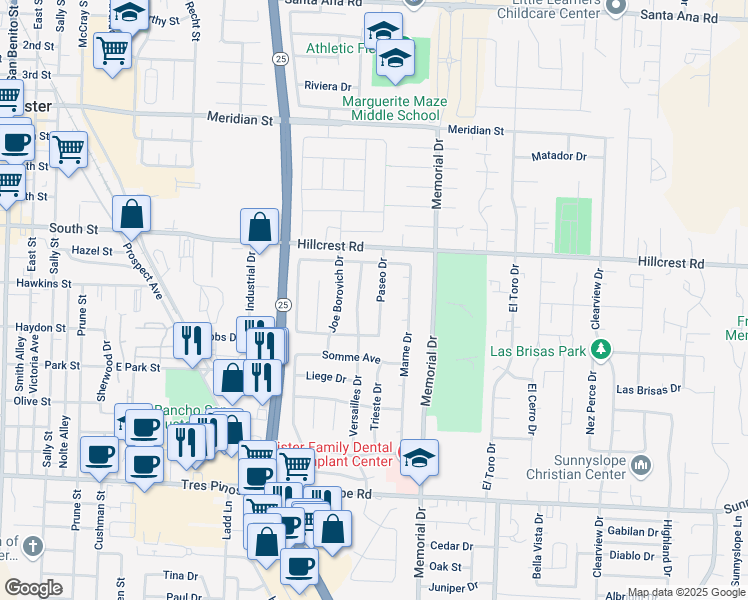 map of restaurants, bars, coffee shops, grocery stores, and more near 881 Paseo Drive in Hollister