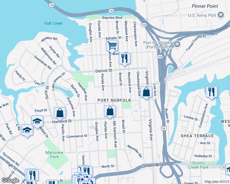 map of restaurants, bars, coffee shops, grocery stores, and more near 513 Mount Vernon Avenue in Portsmouth