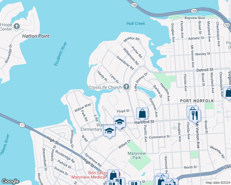 map of restaurants, bars, coffee shops, grocery stores, and more near 508 Lanier Crescent in Portsmouth