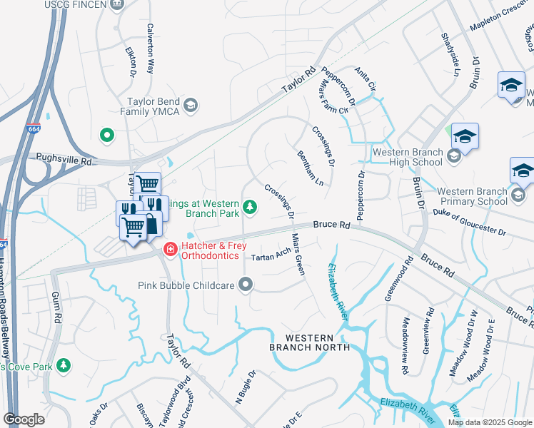 map of restaurants, bars, coffee shops, grocery stores, and more near 4412 Valera Court in Chesapeake