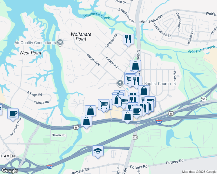 map of restaurants, bars, coffee shops, grocery stores, and more near 301 London Pointe Court in Virginia Beach