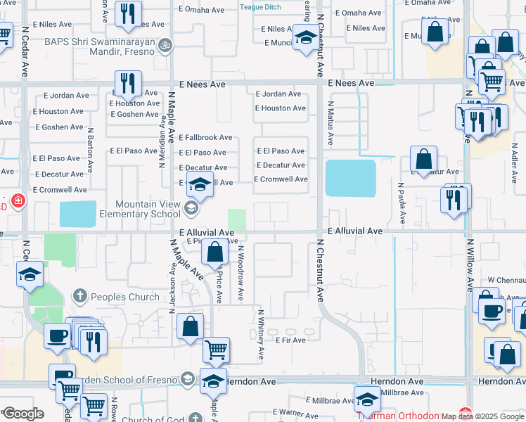 map of restaurants, bars, coffee shops, grocery stores, and more near 2350 East Alluvial Avenue in Fresno
