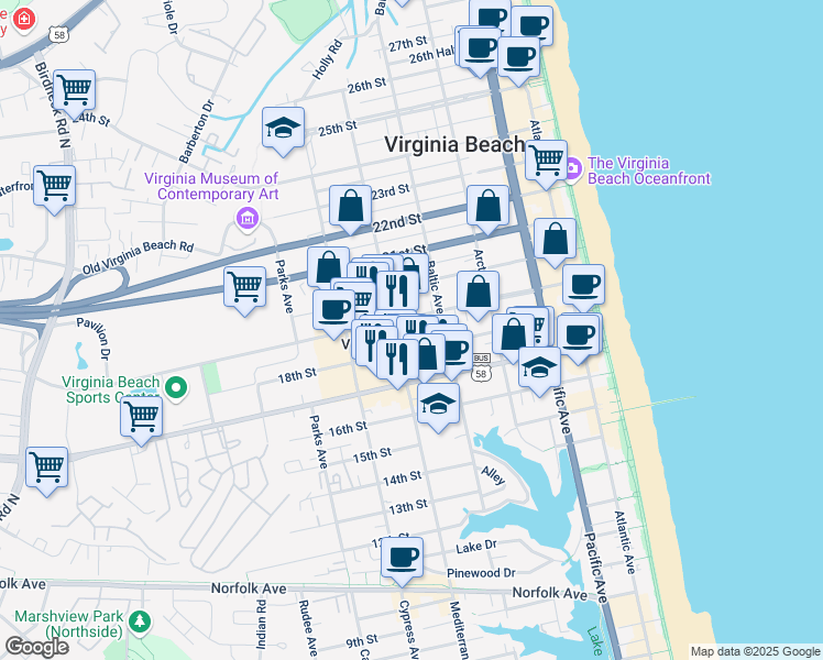 map of restaurants, bars, coffee shops, grocery stores, and more near 516 19th Street in Virginia Beach