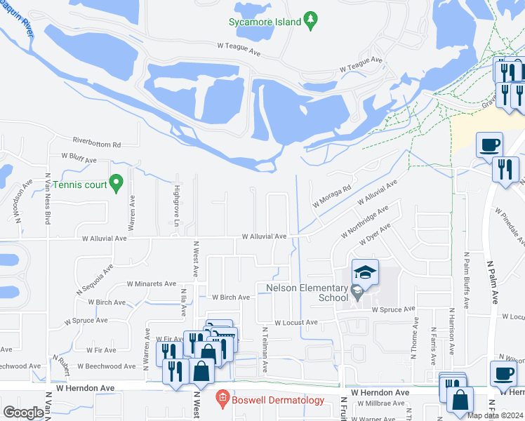 map of restaurants, bars, coffee shops, grocery stores, and more near 7461 North Teilman Avenue in Fresno